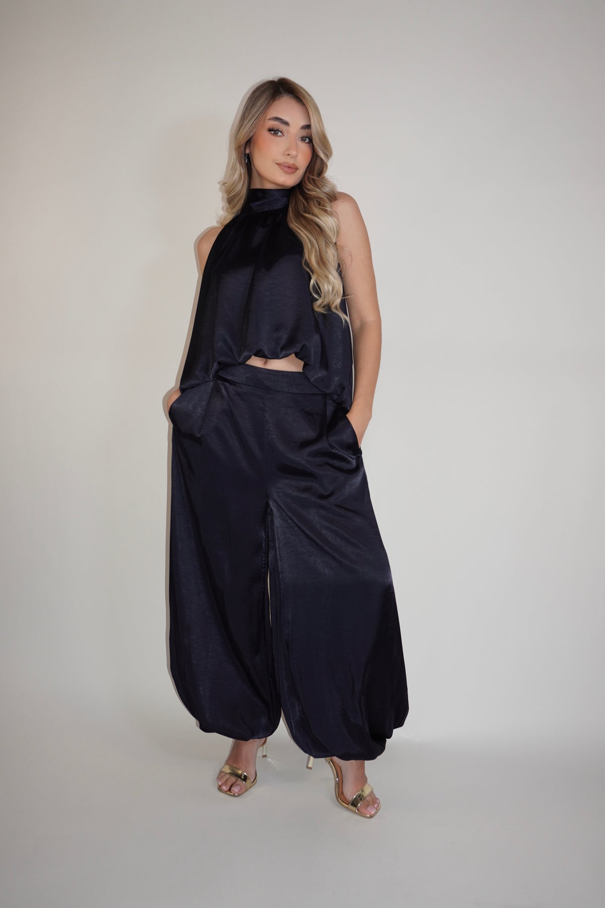Navy Blue Silky Ballon Pants Set
