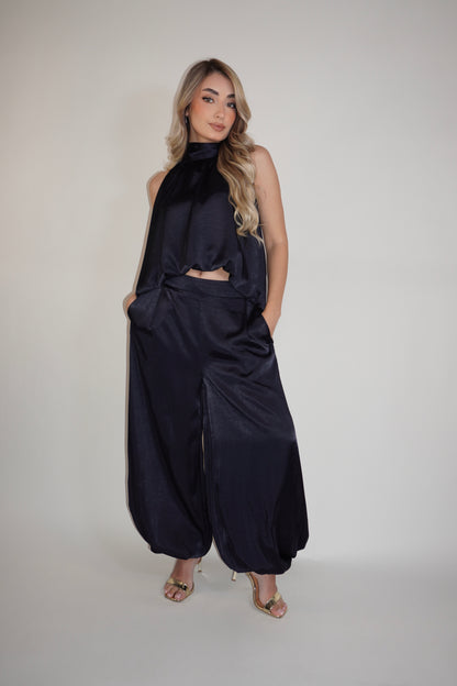 Navy Blue Silky Ballon Pants Set